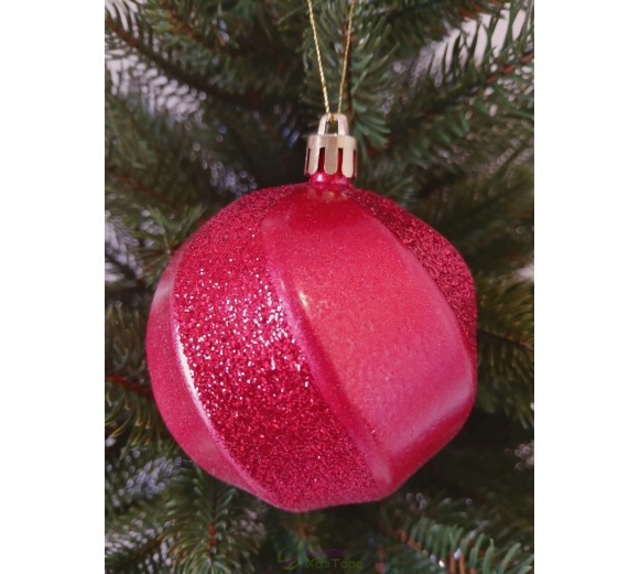 Новорічна куля в блискітках "Хвилька" Ø80мм червона, ціна за набір 4шт